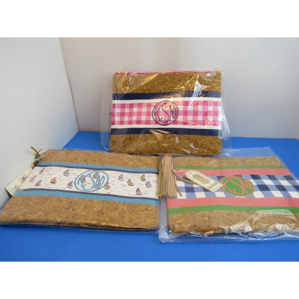 Mud Pie Carlton Cork Case Clutch Bag Lot of 3 KSM Monogram Brown 8613303N